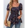 Women Summer Casual Square Neck Smocked Puff Sleeve Floral Blouse For Vacation
