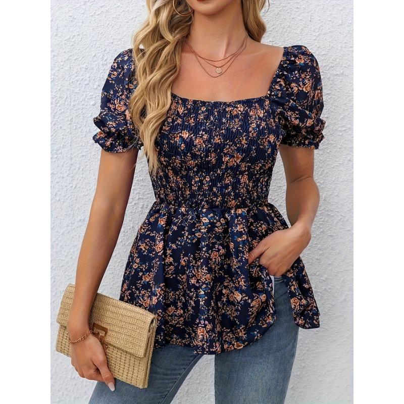 Women Summer Casual Square Neck Smocked Puff Sleeve Floral Blouse For Vacation
