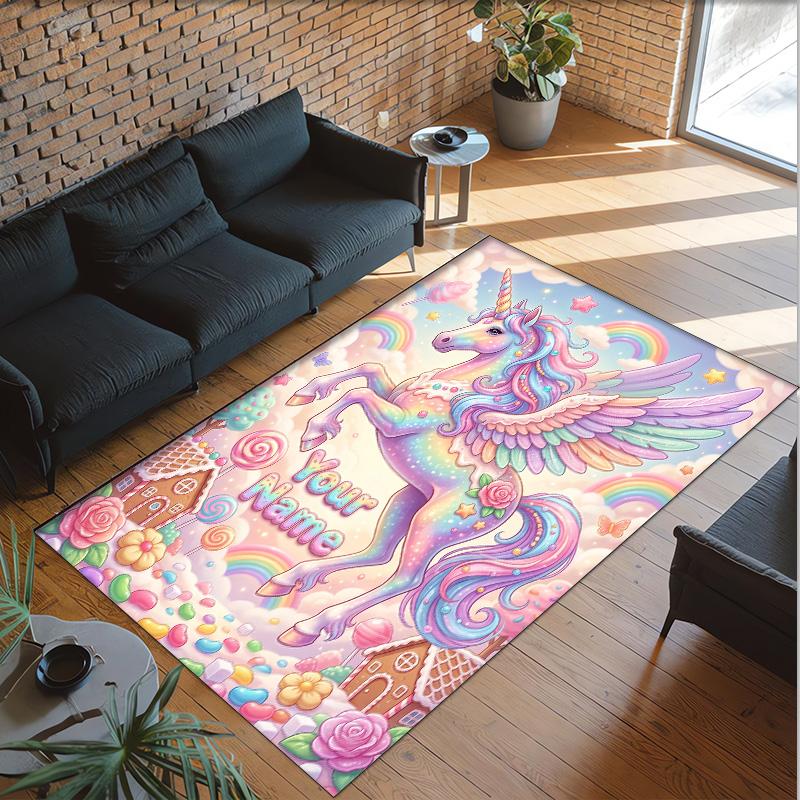Alfombra de Suelo de Terciopelo de Cristal con Temática de Unicornio, Alfombra Cálida Personalizada con Nombre y Texto, Decoración del Hogar