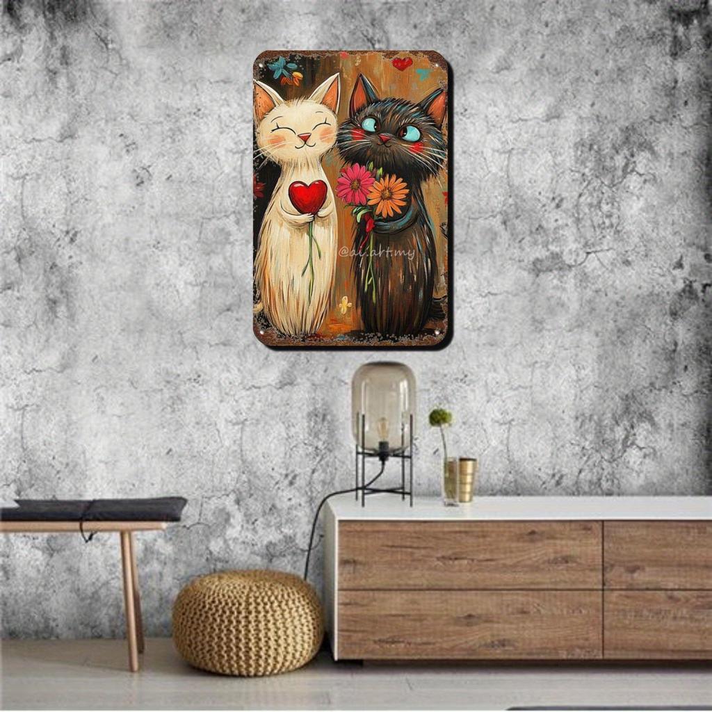 1pc Retro Cartoon Cat Love Heart Flower Wall Decor, 2D Flat Iron Metal Painting Sign, Vintage Style for Home Bar Cafe Restaurant Garage Courtyard
