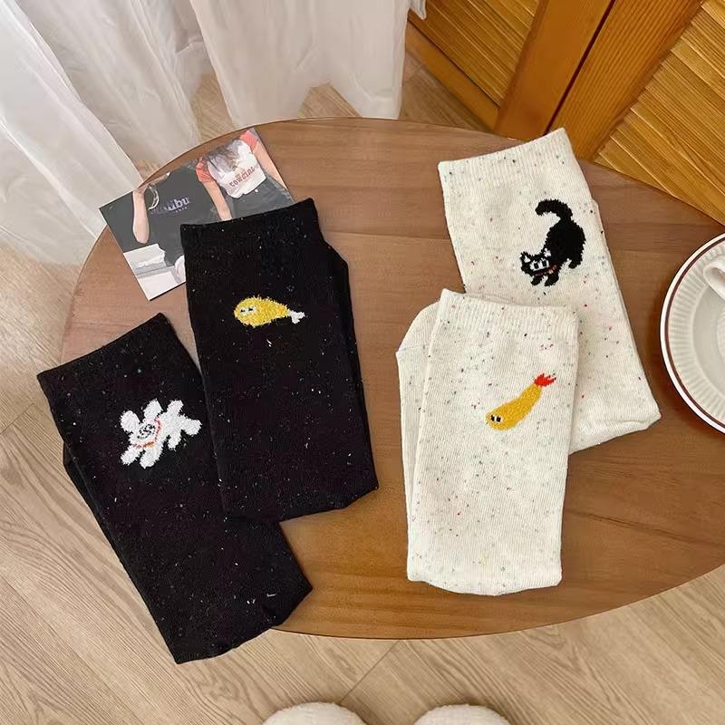 Spring and Summer Socks for Girls, Cute Cartoon Cat Socks, Women's Mid-calf Socks, Pure Cotton Socks