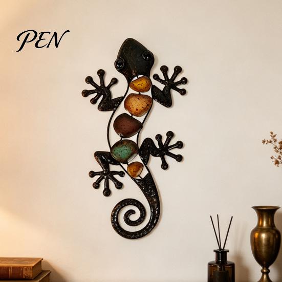 Artistic Wall Ornaments for Living Room Metal Gecko Lizard Decor, Colorful Painted Iron Art, Indoor Outdoor Sculpture Farmhouse Hanging Ornament