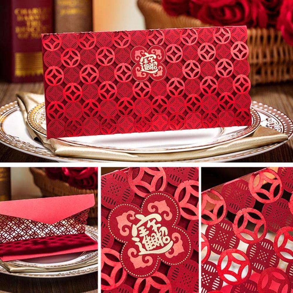 6pcs Rectangular Chinese Red Envelopes Laser Engraving Red Packet Exquisite HongBao Housewarming