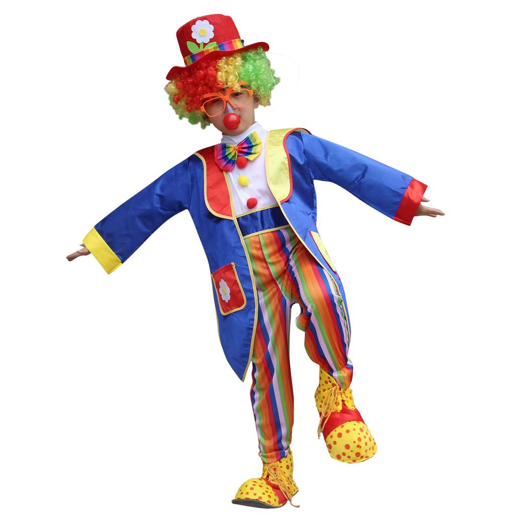 Kids Halloween Clown Costume Striped Jumpsuit Coat Top Hat Bowtie Carnival Performance Outfit
