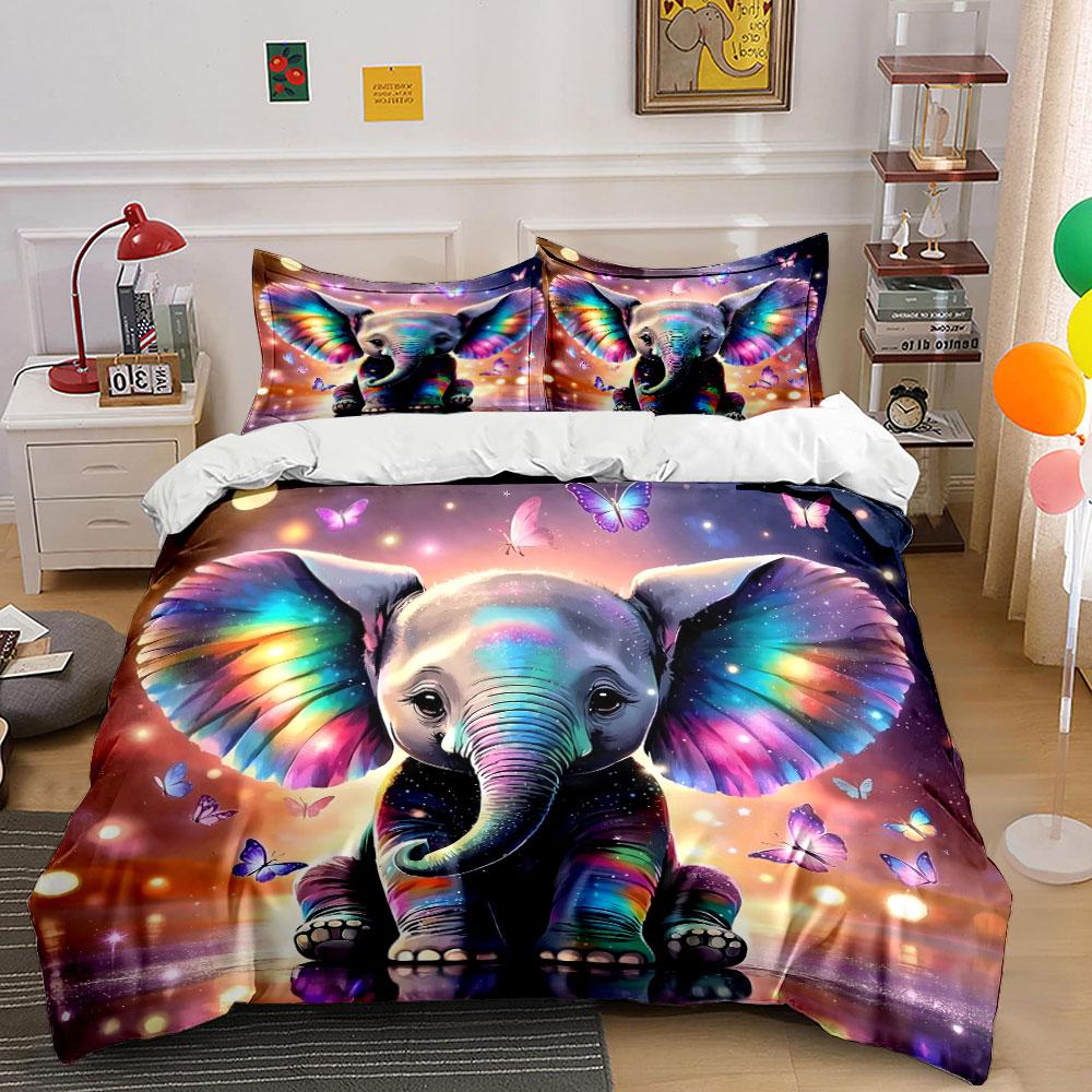 Colorful elephant with dreamy butterflies Print Bedding Set 1 Duvet Cover 2 Pillowcases for Adult and Children Luxury Gift