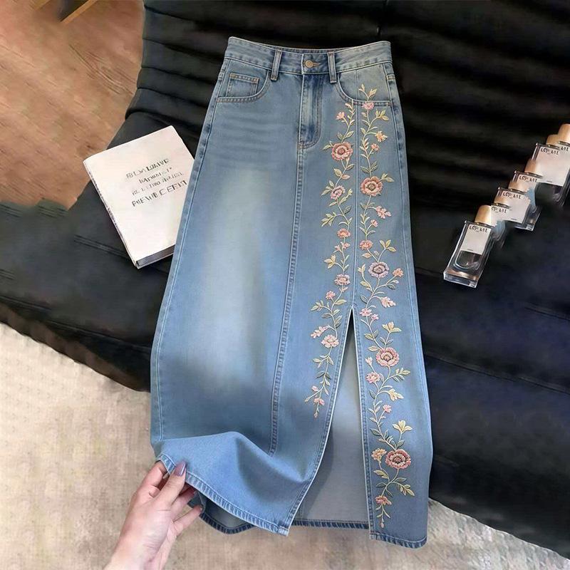 High Sense Medium and Long Summer Blue Embroidery High Waist Thin Denim Skirt Women Soft Drape Vintage Elegant Women Long Skirt
