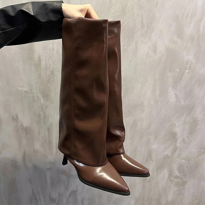 Chunk Leather High Boots Women Knee High Pointed Toe Heels Shoes Woman Trend Chelsea Boots New Pumps Snow Gladiator Botas Mujer