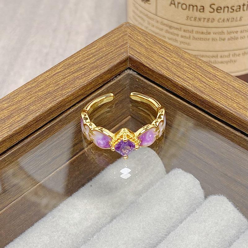 Medieval Vintage Colored Enamel Flower Butterfly Opening Ring Female Retro Niche High-End Light Luxury Ring