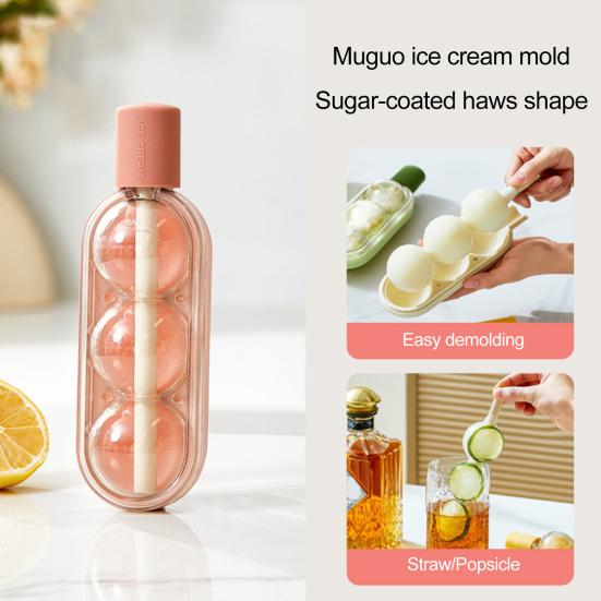 2Pcs 2-in-1 Silicone Popsicle Mold with Straw Quick Freezing Triple Balls Ice Ball Maker BPA-Free Summer Cool Water Drinks Bottle Ice Tray for Yogurt