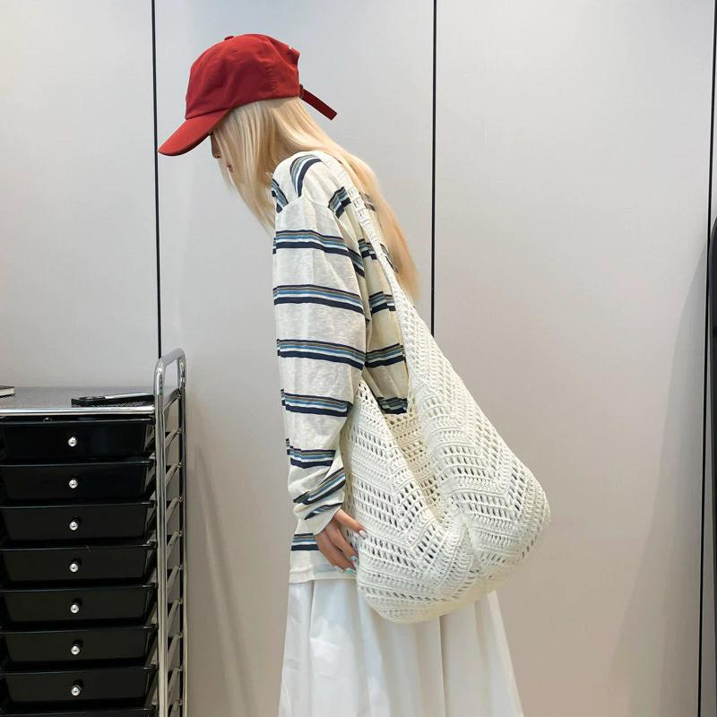 Yogodlns Casual Knitted Tote Bag Women's Summer Fashion Basket Weave Hollow Out Large Capacity Shoulder Bag for Daily Use