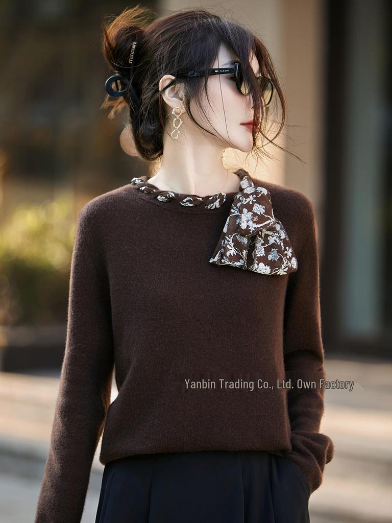 Women's Autumn Winter Wool Sweater: Gentle Style, Flowing Ribbon, Round Neck, Knit Base Layer, Loose Slimming Fit.