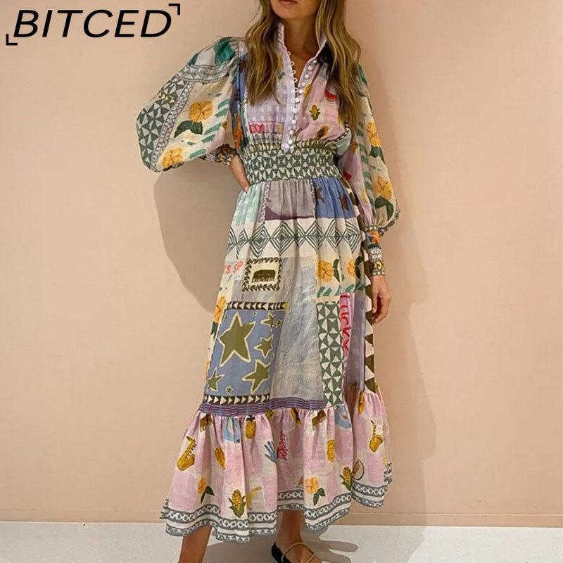 BITCED Women's Spring Elegant Commuter Print Lantern Sleeve Waist-cinched Full-skirted Dress