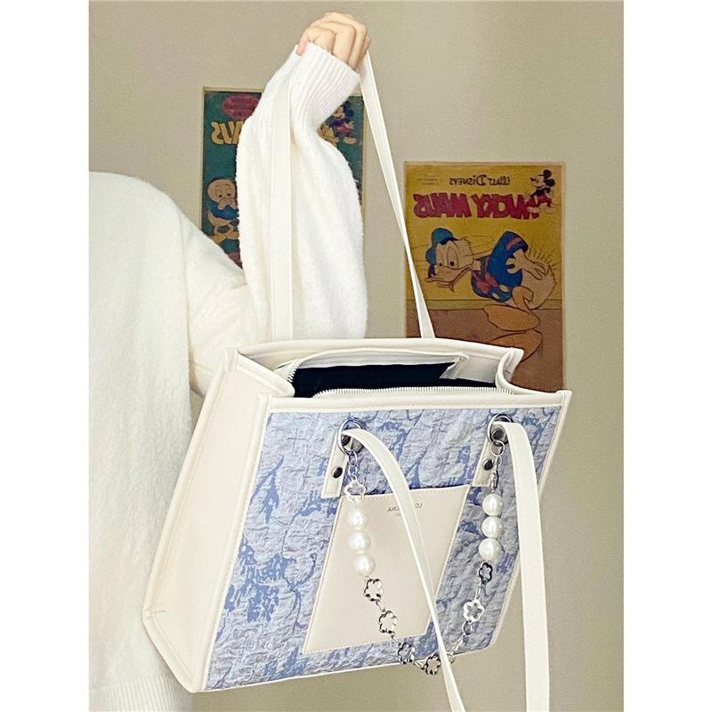 Fashion PU Leather Contrast Color Tote Bags Luxury Large Capacity Women's Shoulder Bag Leisure Pearl Chain Handbags