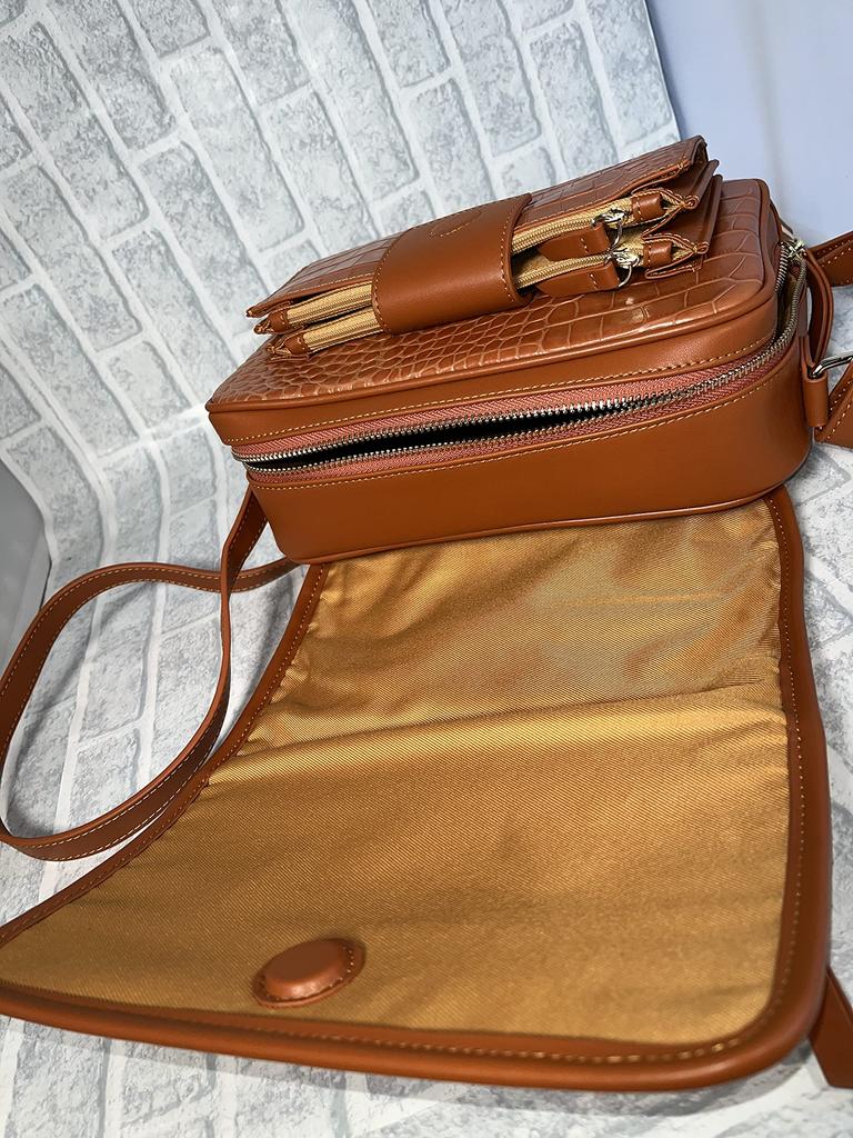 Italian Leather Crocodile Embossed Shoulder Bag with Flap LPR15 (Orange Brown) Travel Shoulder Bag