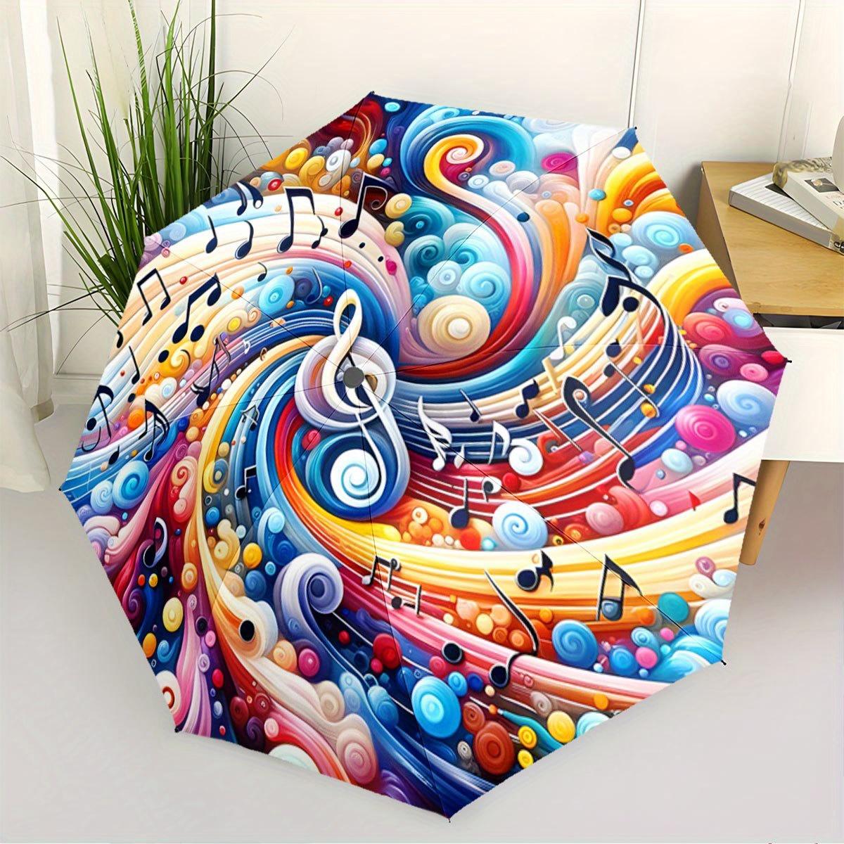 Colorful Swirling Music Umbrella - Automatic Folding, Portable Collapsible Design with Vibrant Musical Notes & Abstract Patter