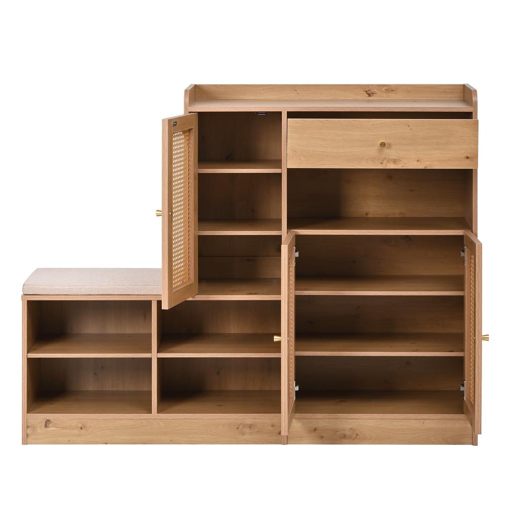Schuhschrank mit gepolsterter Bank, 3 geflochtene Rattan-Türen und 1 Schublade, Aufbewahrungsschrank mit Schuhregal für Flur, Holzoptik, B142xT35xH110 cm