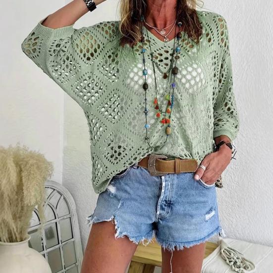 Women Tops Solid V-Neck 45720 Sleeve Knitting Color Loose Fit Cover