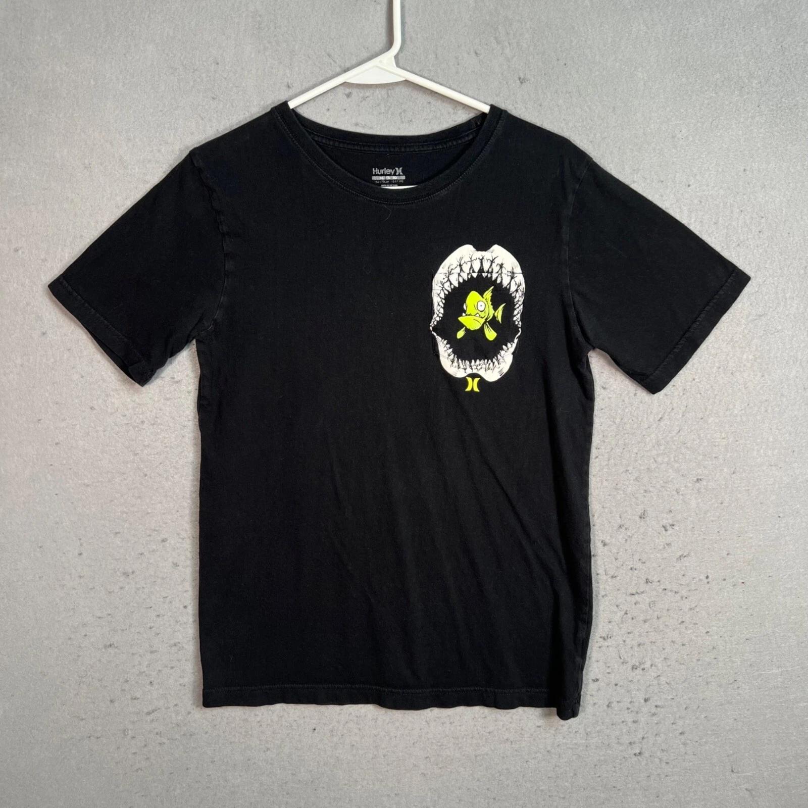 Hurley Black Graphic T-Shirt Fish SharkDesign XL 100% Cotton Mens Short Sleeve S