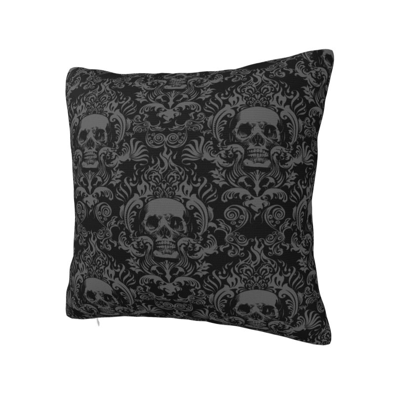 Benutzerdefinierter Vintage Halloween Gothic Schwarz Totenkopf Damast Kissenbezug 35x35 cm Samt Polyester Wurfkissenbezug für Sofa Kissenbezug