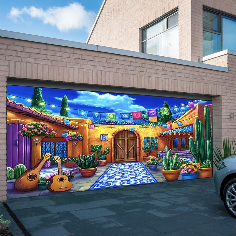 One Vivid Polyester Party Banner Depicting a Courtyard Scene - for Mediterranean-style Home and Wall Decoration