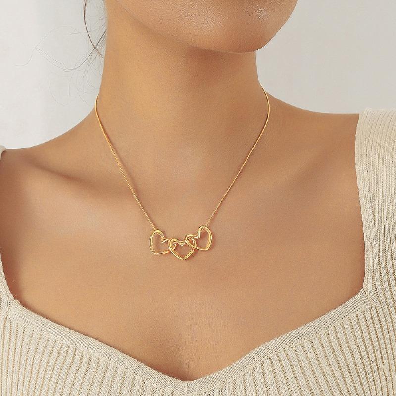 Gold Plated Interlocking Triple Heart Necklace, Dainty Snake Chain Heart Pendant Choker, Minimalist Love Jewelry for Women Gift