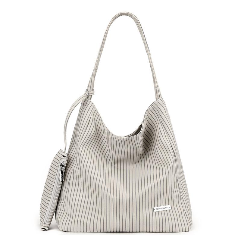 Commuter Shoulder Bag Large Capacity Striped Tote Bag Literary Shopping Bag Versatile Student Women's Bag