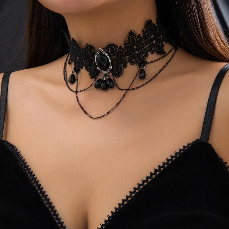 Gothic Black Lace Rope Chain Necklace Beads Geometric Charm Chokers Collar Girls Women Party Y2K Jewelry