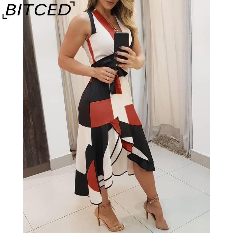 BITCED New Fashion Women Sleeveless V-Neck Colorful Print Tank Dress
