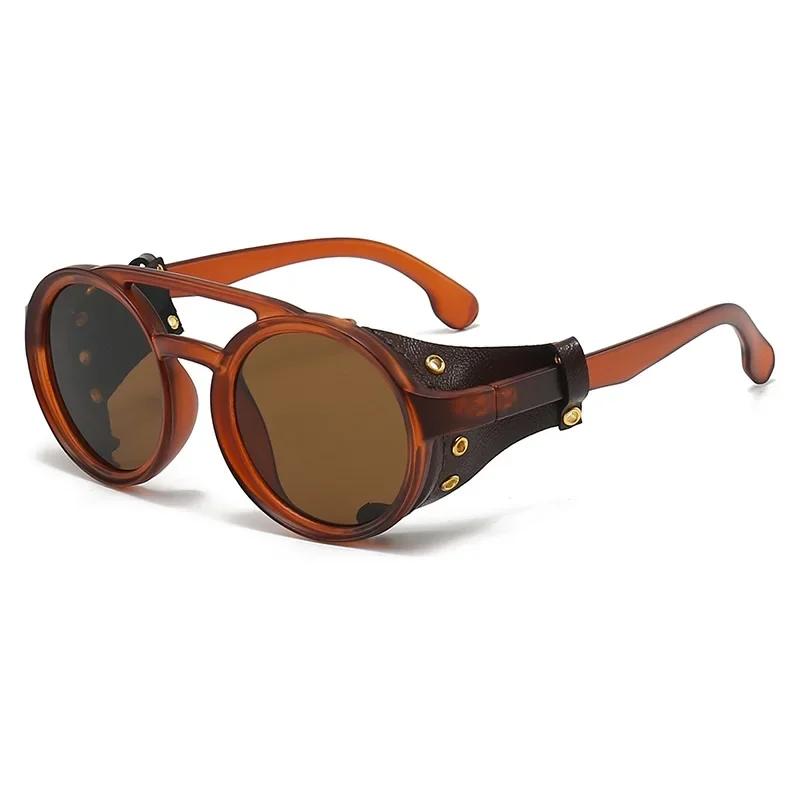 

Sunglasses Windproof Mountaineering Steampunk Round Eyewear For Men With Leather Side Goggles Uv400 Cycling Riding Glasses as picture