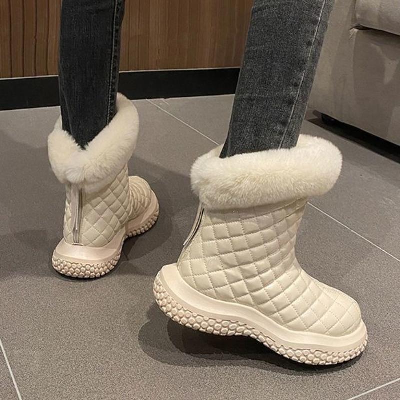 Winter Leather Waterproof Woman Shoes Chunky Round Toe Plush Snow Boots for Women Trend 2025 Boot On Promotion Goth Hot Booties