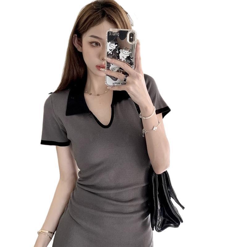 2026 Summer Polo Collar Knit Dress - Women's Slimming A-line Short Sleeve Long Dress