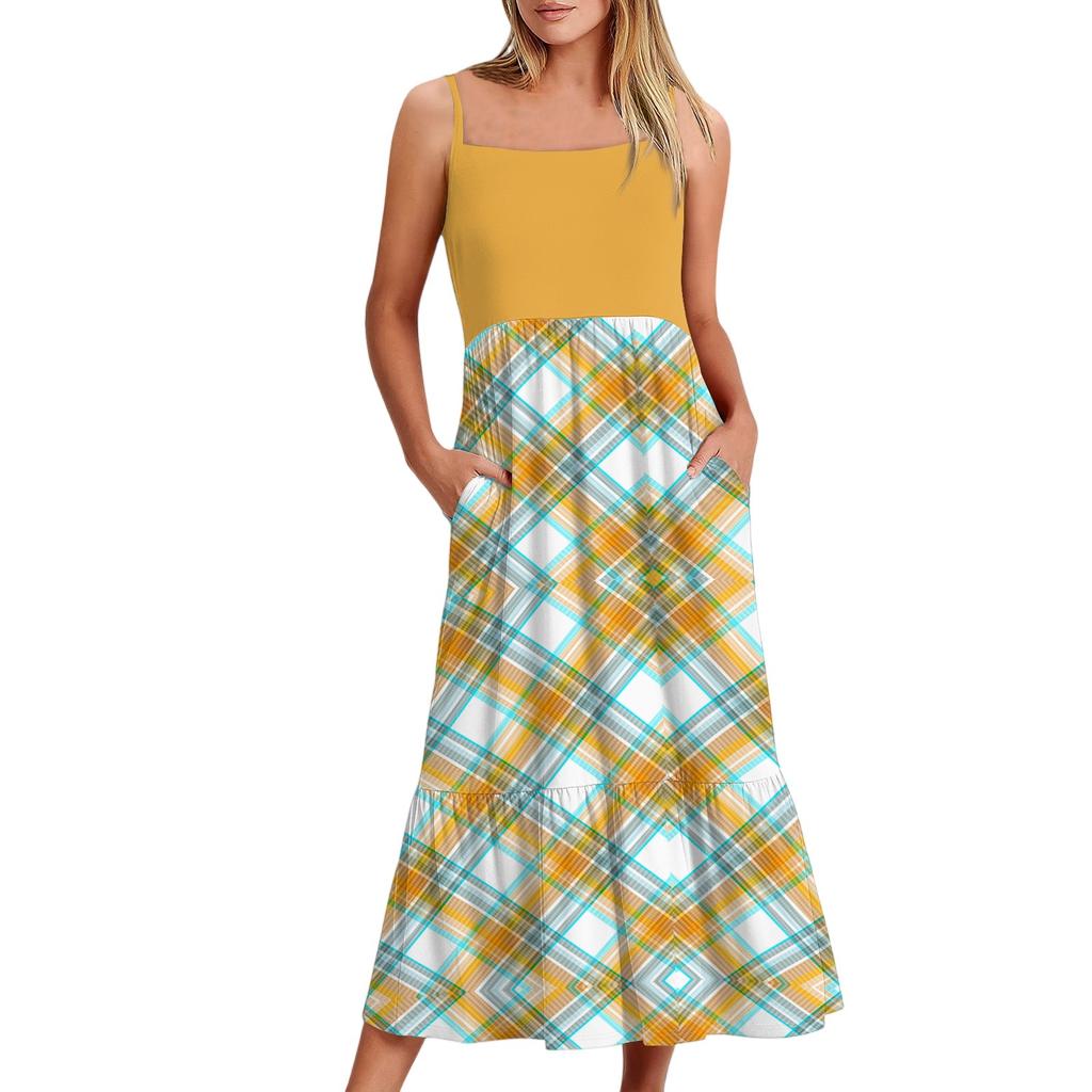Women's Long Beach Casual Elegant Spaghetti Strap Maxi Dress Plaid Print Low-key Flowing Bohemian Dress