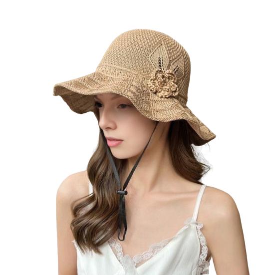 Fisherman Hat with Flower Detail, Wide Brim Glitter Bucket Hat, Knit Design Adjustable Drawstring Knit Hat, Lightweight Sun Hat for Travel Beach