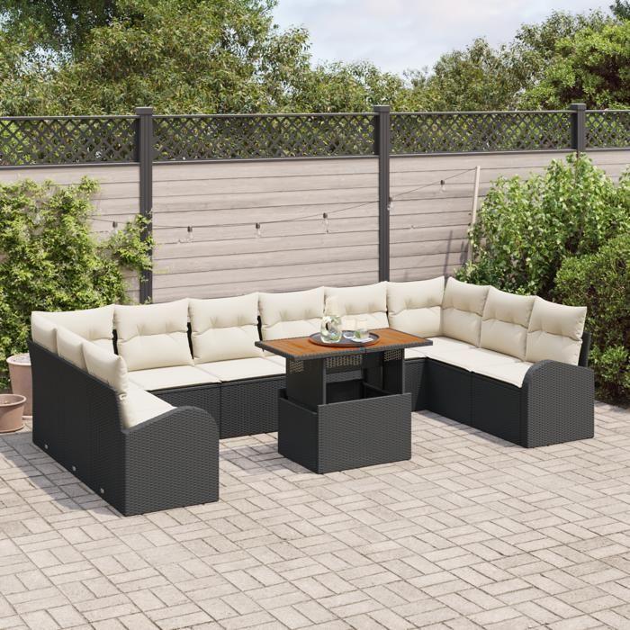 VidaXL Ensemble de salle à manger de jardin 11 pièces avec coussins en rotin poly noir acacia 3349634
