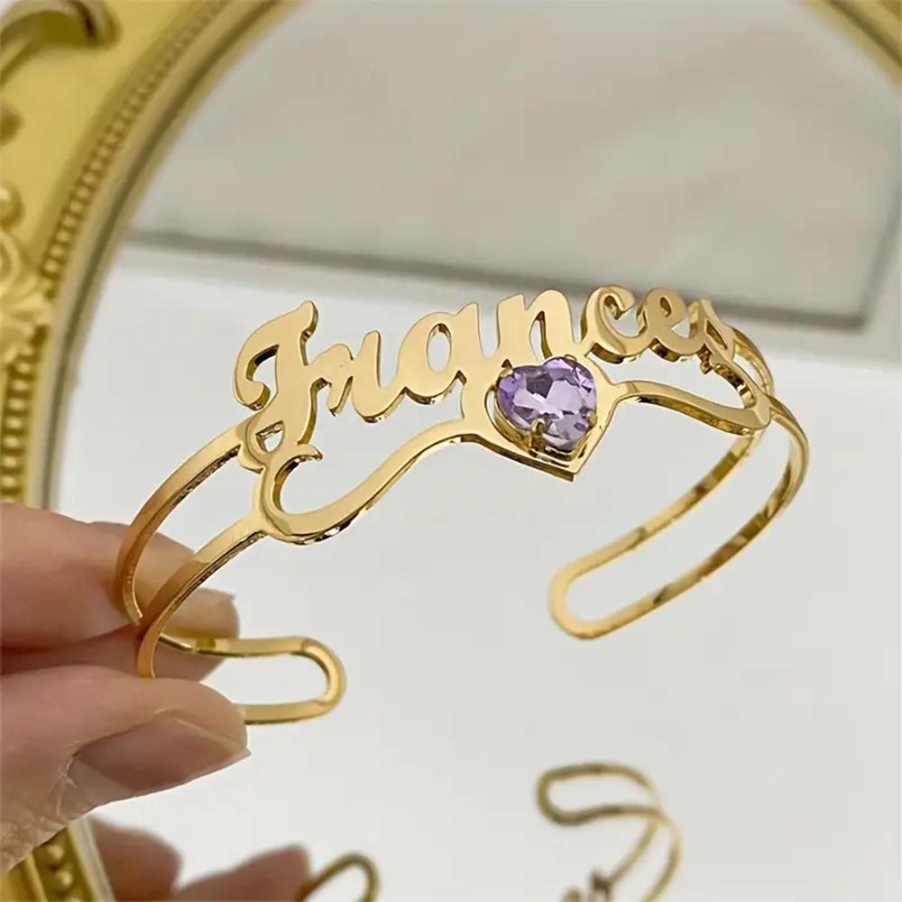 Custom Name Purple Birthstone Cuff Bangle For Women Punk Personalized Gold Color Bracelet Christmas Stainless Steel Jewelry Gift