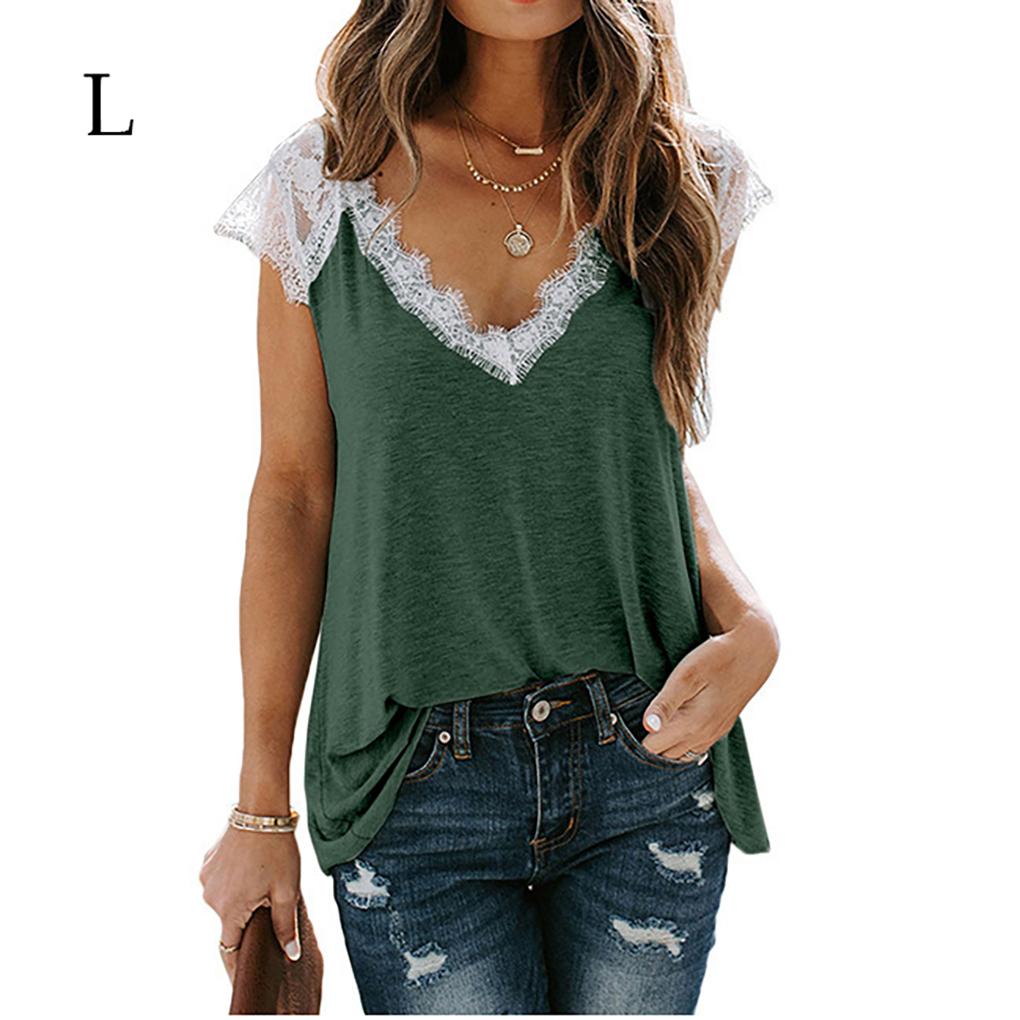 Women T Shirt V Neck Lace Sleeveless Casual Tops