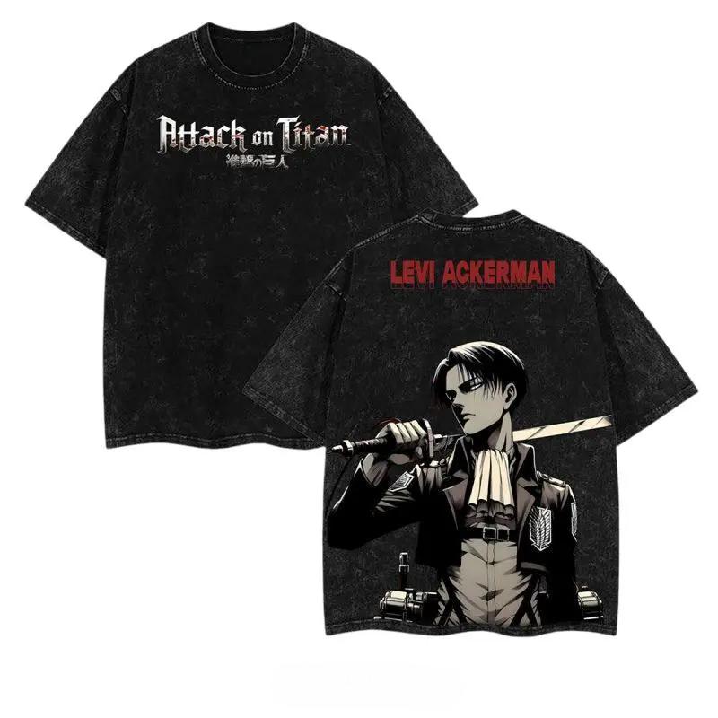 

Levi Print T-shirt Anime Attack On Titan Clothing Men Women Short Sleeve Tshirts Retro Washed T Shirt Harajuku Male Cotton Tops S чёрный