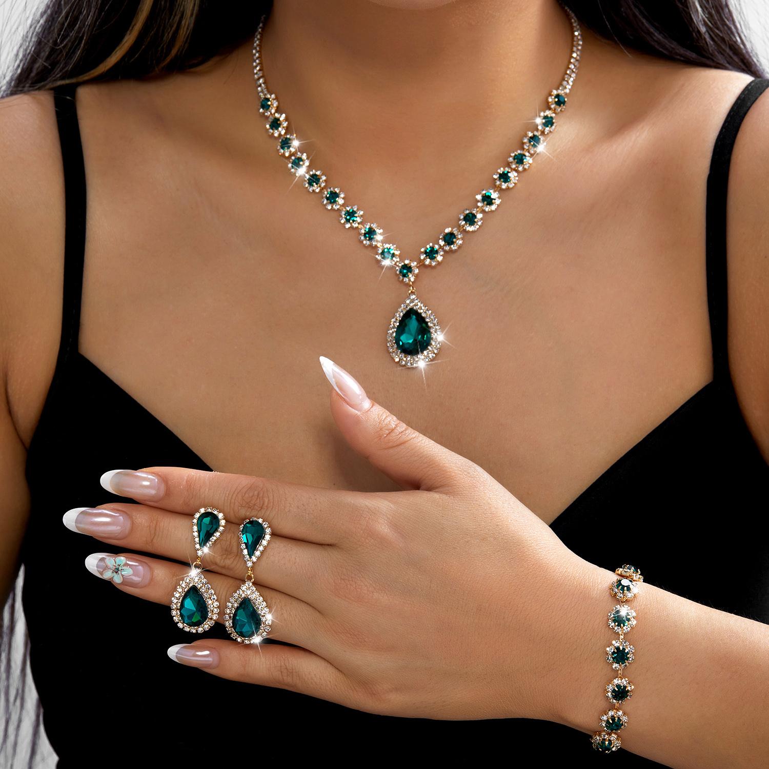 Emerald Green Crystal Jewelry Set for Women Rhinestone Teardrop Necklace Bracelet Earrings Silver Tone Wedding Party Accessories