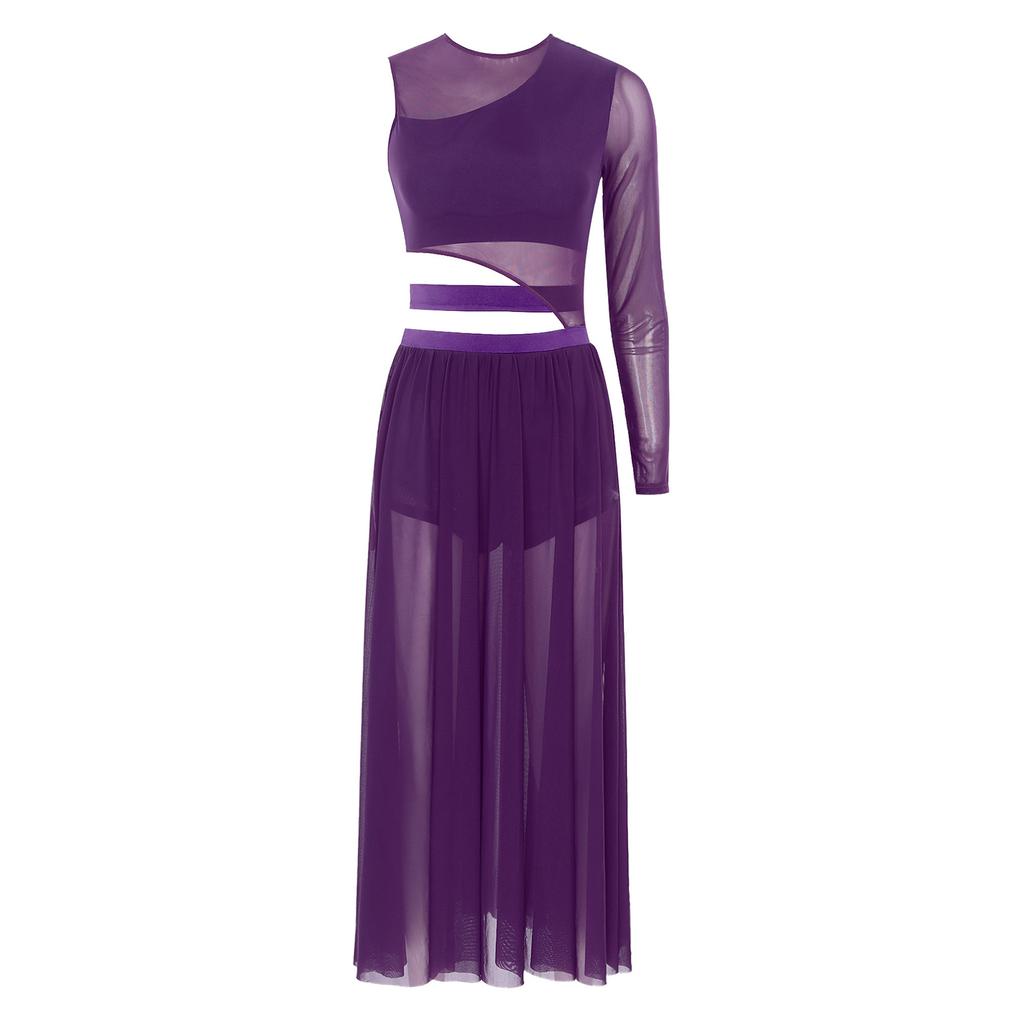 Womens Modern Lyrical Dance Costume Cutout Patchwork Side Split Sheer Mesh Dress Dancewear