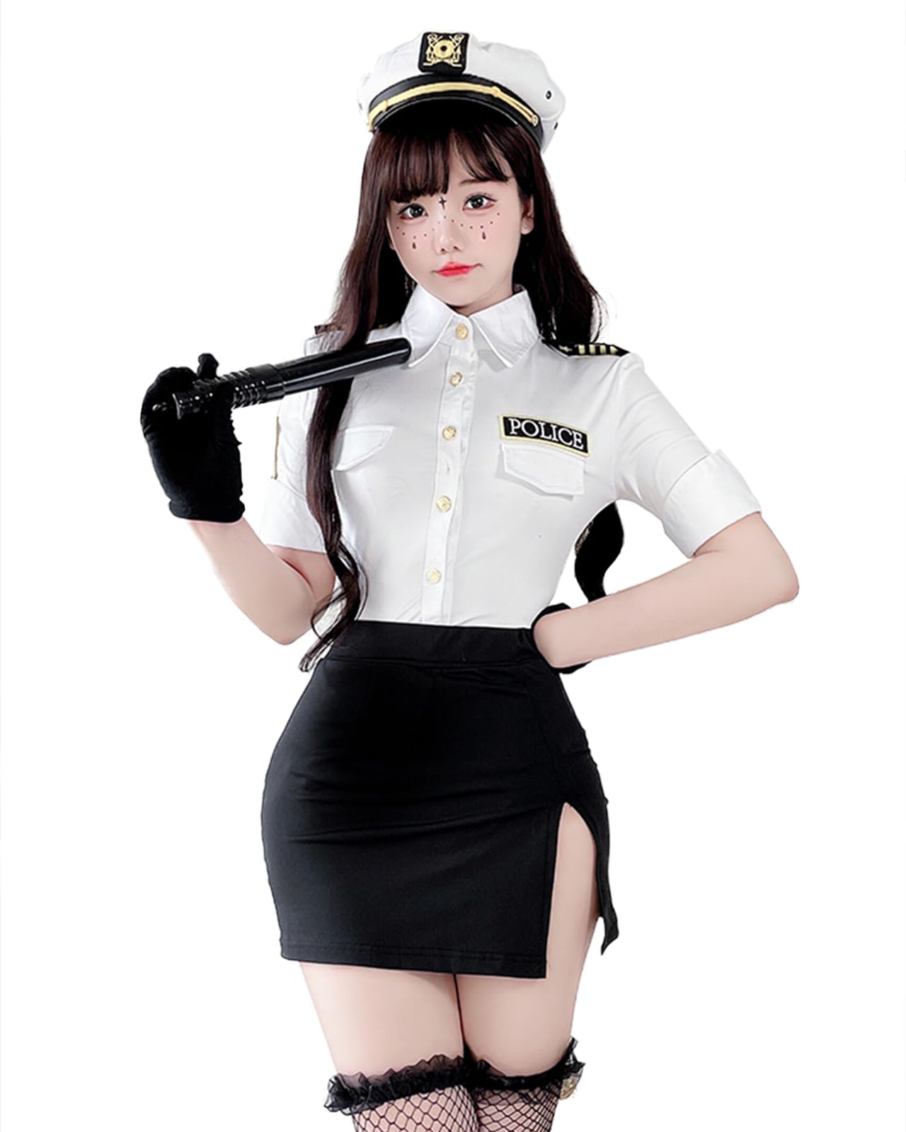 

Milky Time Halloween Cosplay Costume, Black Police Officer Dress with Handcuffs (White)