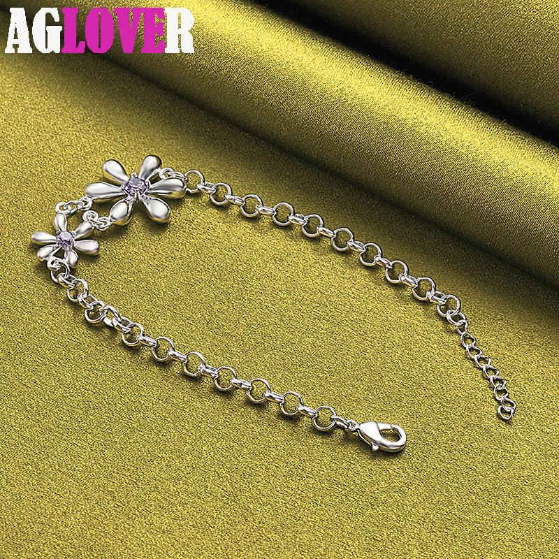 925 Sterling Silver White AAA Zircon Flowers Bracelet Jewelry