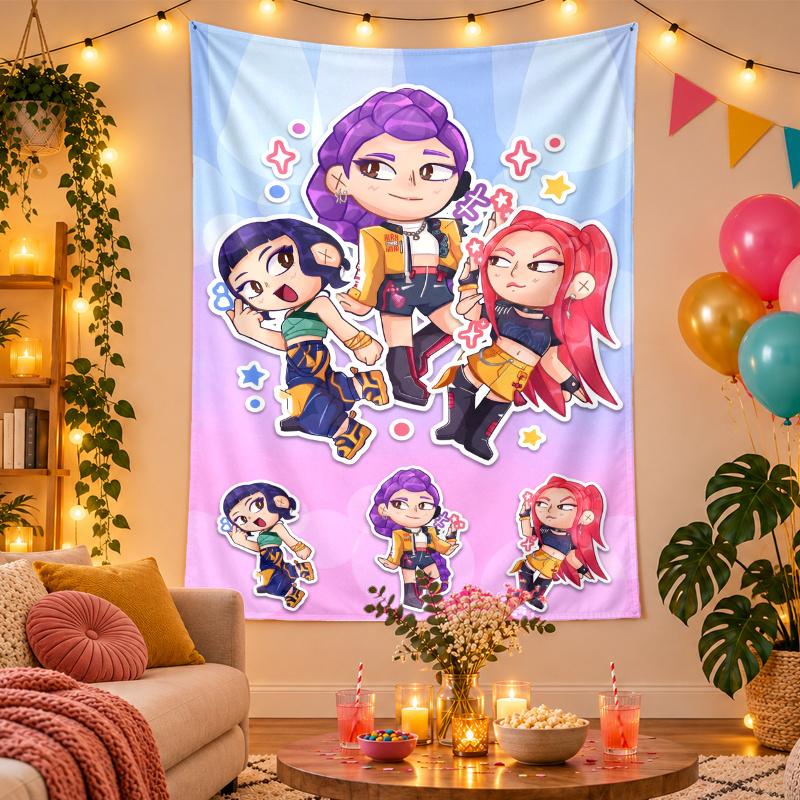 Polyester Wall Tapestry with Kpop Demon Hunters Design, Decorative Hanging for Bedroom Living Room Dorm