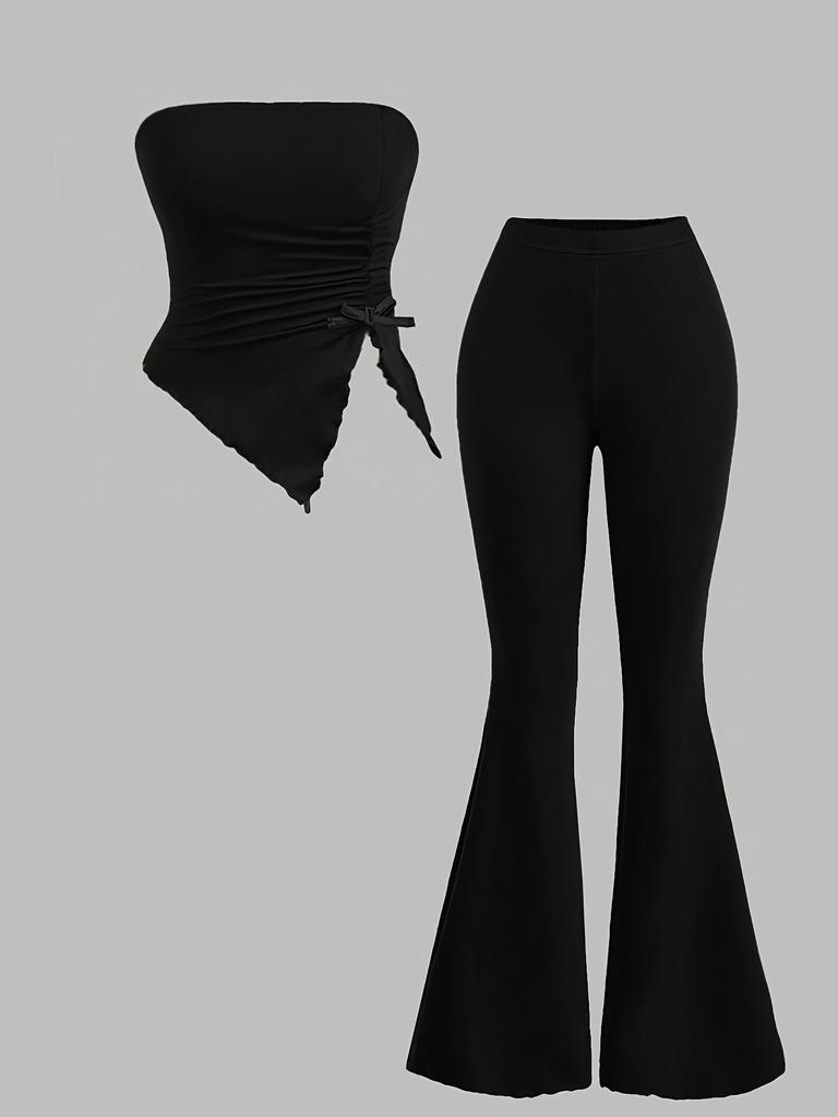Dívky 8-12 let Letní 2dílná sada Dekorace mašlí Nepravidelný bandeau top Dlouhé zvonové kalhoty Neformální outfit
