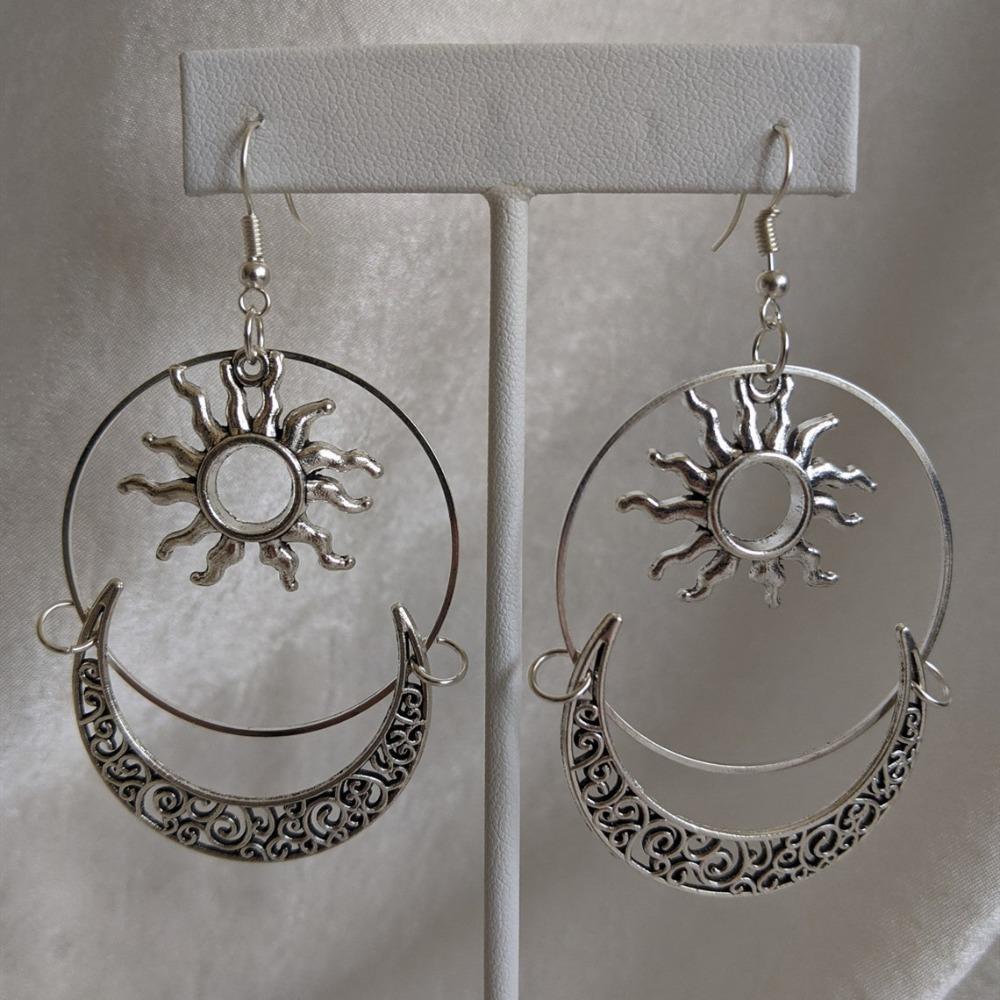 Boho Wykwintne Starożytne Srebro Wzory Ażurowe Kształt Półksiężyca Słońce Gwiazdy Frędzle Wisiorek Wiszące Kolczyki dla Kobiet Biżuteria