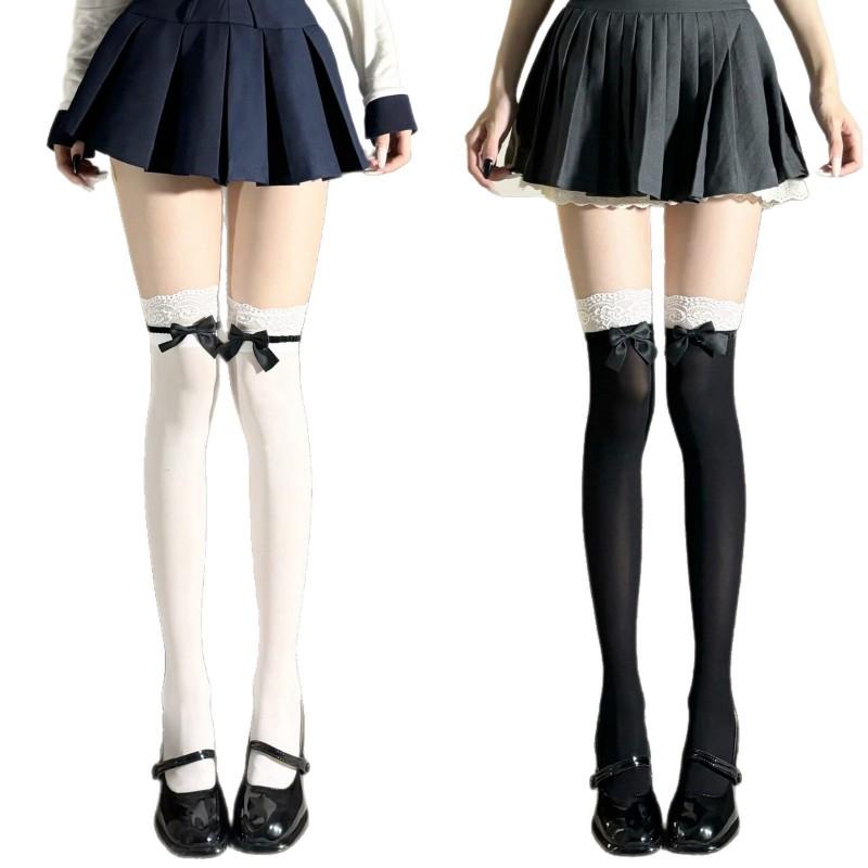 White Lolita Knee High Socks With Lace Trim Bow Detail Sweet School Style Cotton Blend