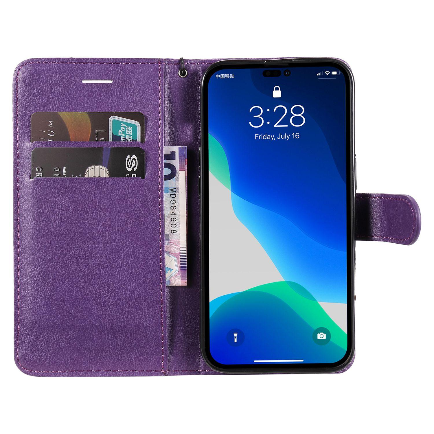 

For iPhone 14 Pro Max Case Solid Color Leather Mobile Cover Wallet Stand with Strap Black