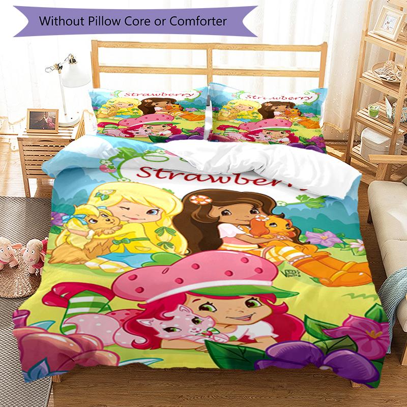 3pcs Strawberry Princess4 Design Cover Set - HD Printed Bedding with 1 Cover and 2 Pillowcases - Perfect for Home and Dorm Decor