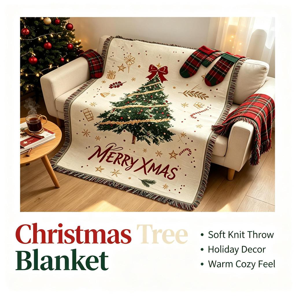 Christmas Tree Themed Throw Tapestry, X‑mas Decor Sofa Cover Bed Runner Holiday Home Decoration