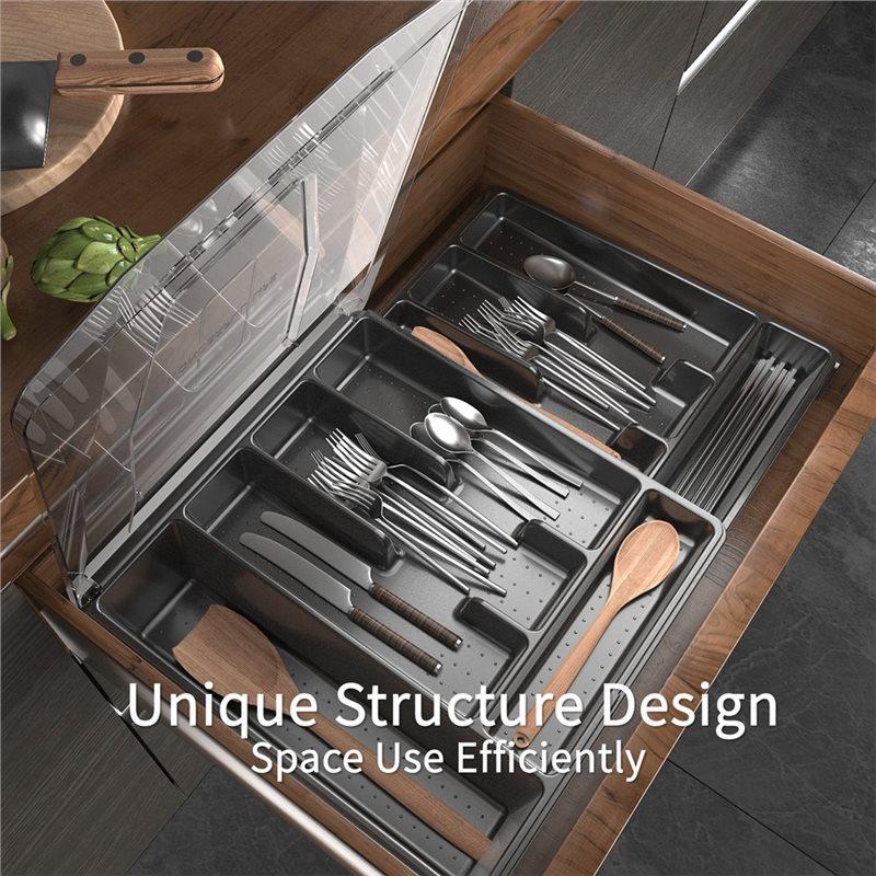Silverware Tray Double-Layer With Lid, For Utensil Drawer Organizer, Cutlery Storage Holder With Cover