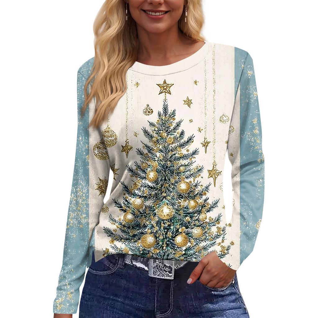 Women's Fashion Casual Slit Hem Round Neck Long Sleeve Loose Printed T-Shirt Ladies Top